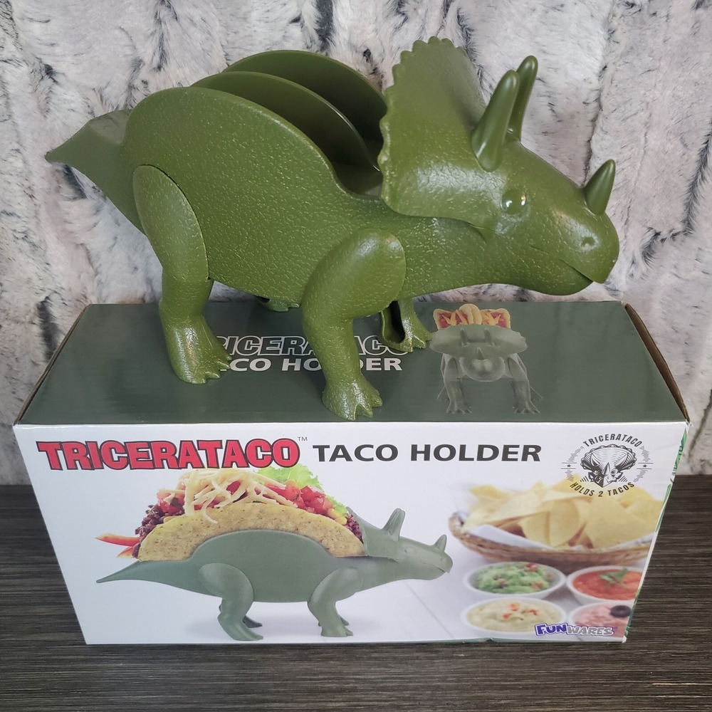 FunWares Tricerataco Green Triceratops Taco Holder Holds 2 Tacos Open‎ Box